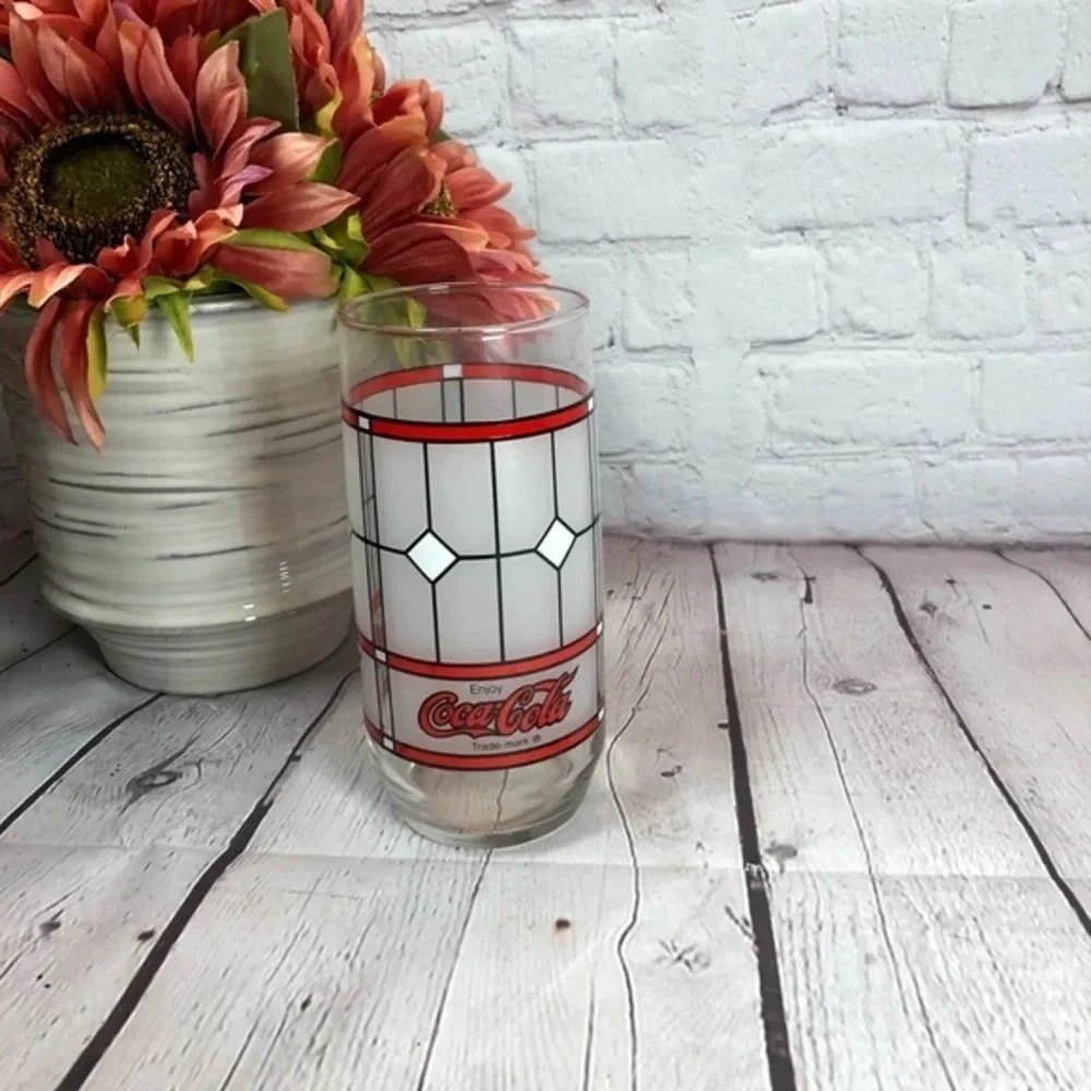 vtg tiffany style frosted stained glass enjoy coca-cola tumbler 16oz retro